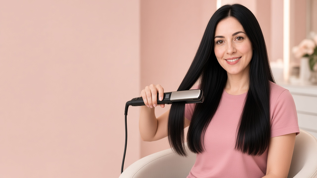 Mulher de cabelo preto e liso alisando uma mecha com chapinha profissional.