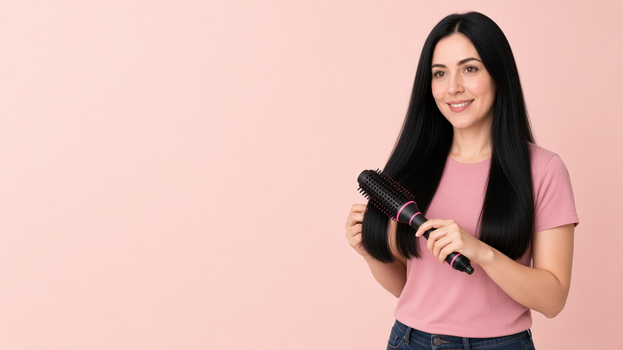 Mulher de cabelo preto e liso usando uma escova rotativa nas pontas.