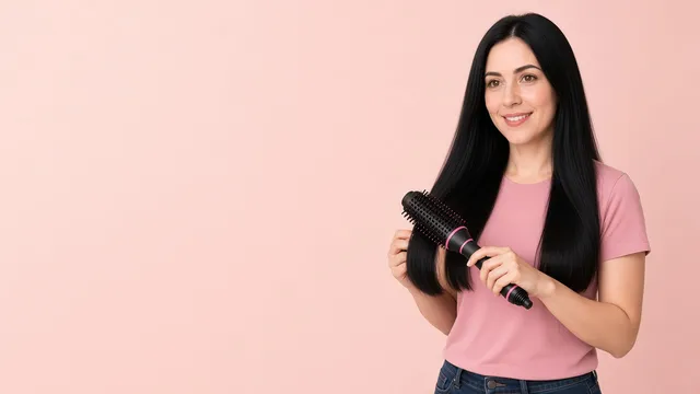 Mulher de cabelo preto e liso usando uma escova rotativa nas pontas.
