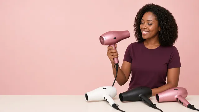 Mulher negra de cabelo cacheado escolhendo entre secadores de cabelo.